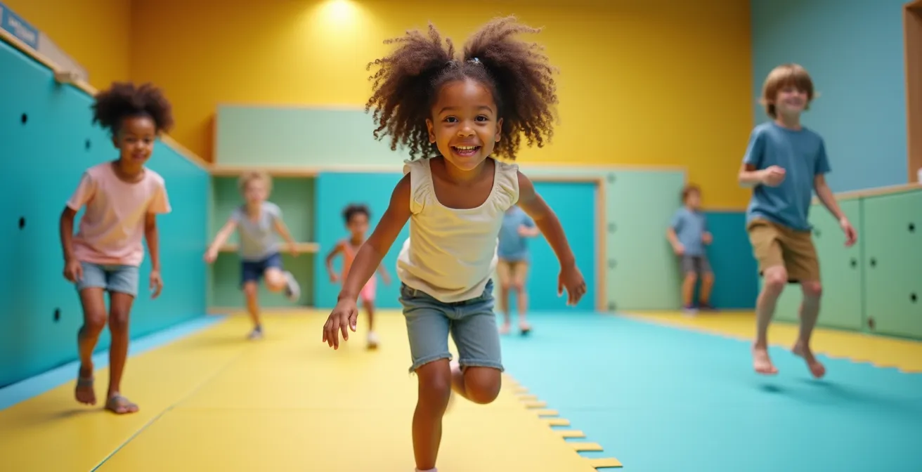 Un groupe d'enfants d'âges et d'aptitudes variées jouant ensemble dans un environnement accueillant, certains actifs, d'autres à leur rythme