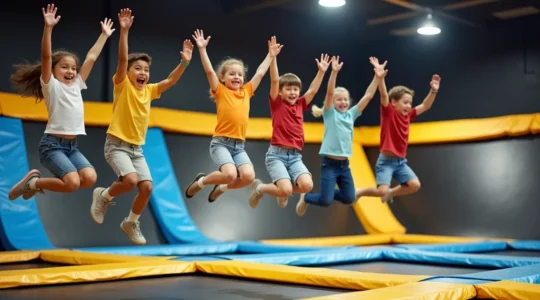 Un groupe d'enfants souriants en train de sauter sur des trampolines dans un parc dédié, atmosphère dynamique et énergique