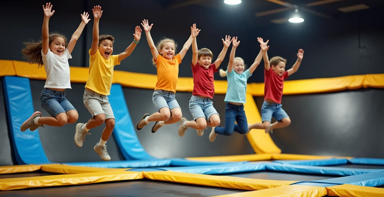 Un groupe d'enfants souriants en train de sauter sur des trampolines dans un parc dédié, atmosphère dynamique et énergique
