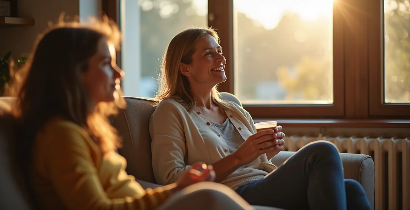 Un parent souriant assis confortablement, observant avec tendresse des enfants jouer dans un environnement sécurisé