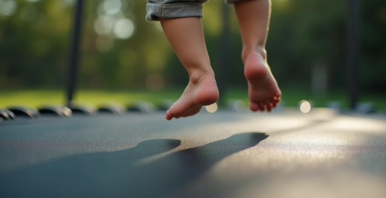 Gros plan sur les pieds et jambes d'un enfant en train de bondir, montrant l'équilibre et la coordination motrice