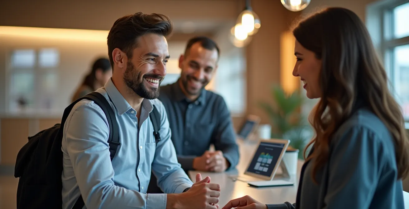 Parent discutant avec le personnel d'accueil d'un trampoline park