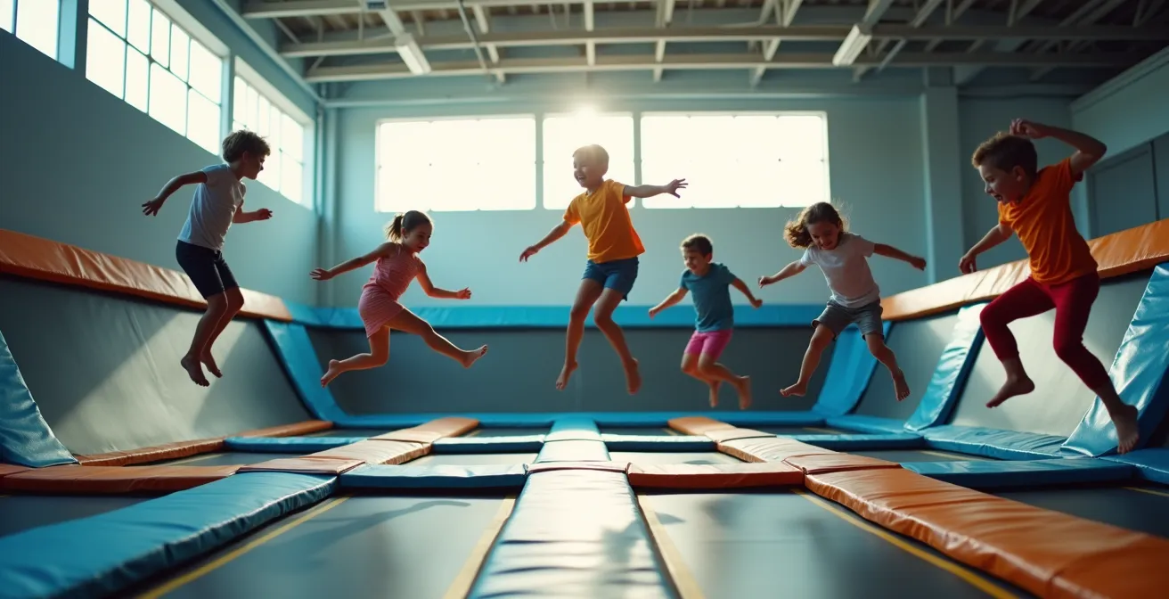 Groupe d'enfants d'âges variés dans un espace trampoline