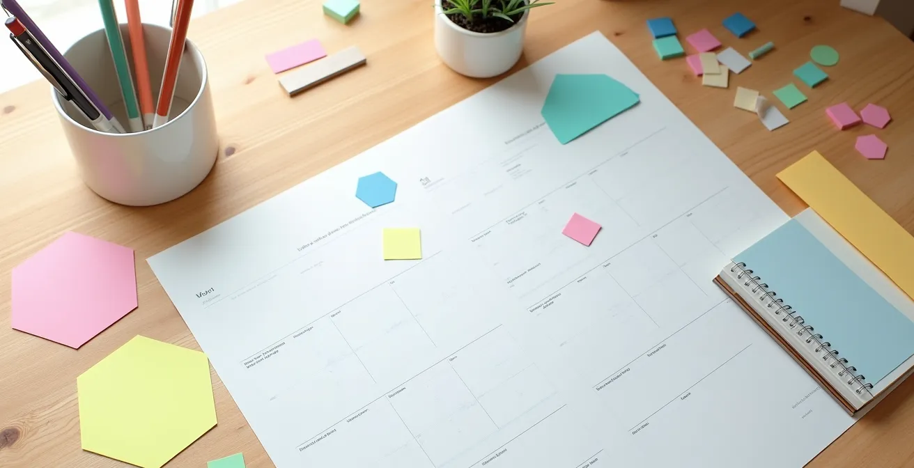Vue aérienne d'un bureau organisé avec calendrier et notes colorées