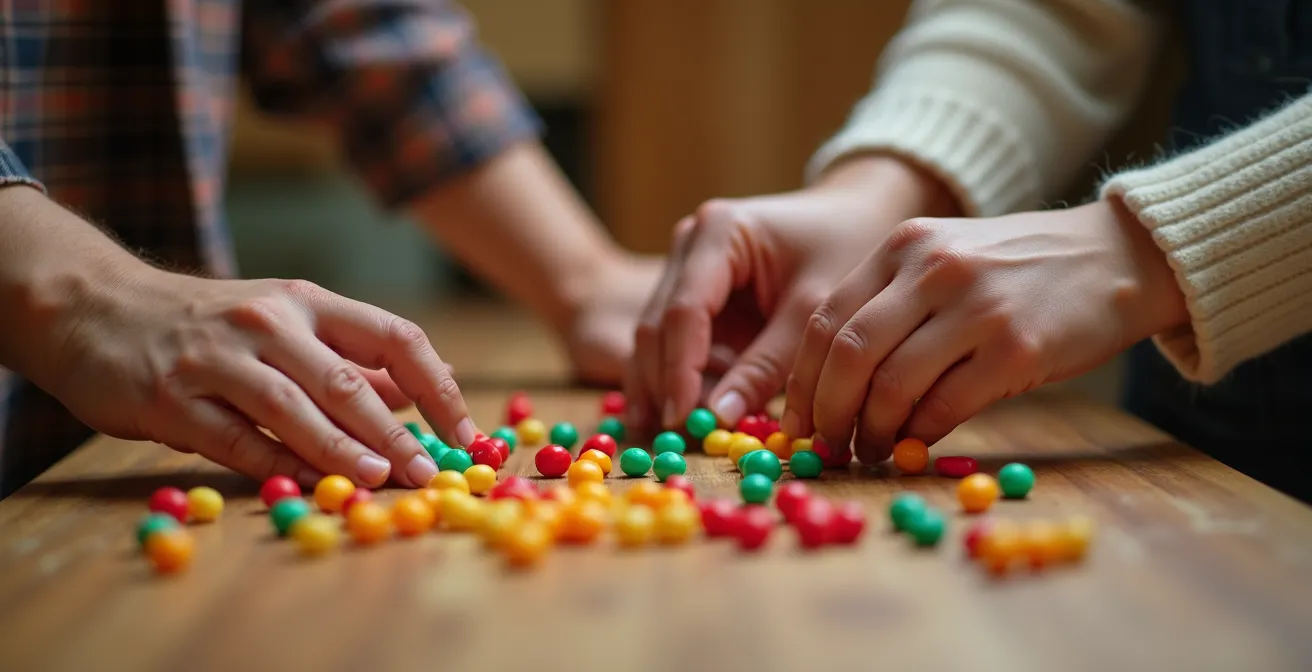 Mains d'adulte et d'enfant préparant ensemble des éléments festifs sur une table
