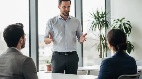 Formateur en prise de parole s'adressant à un petit groupe dans une salle de formation lumineuse