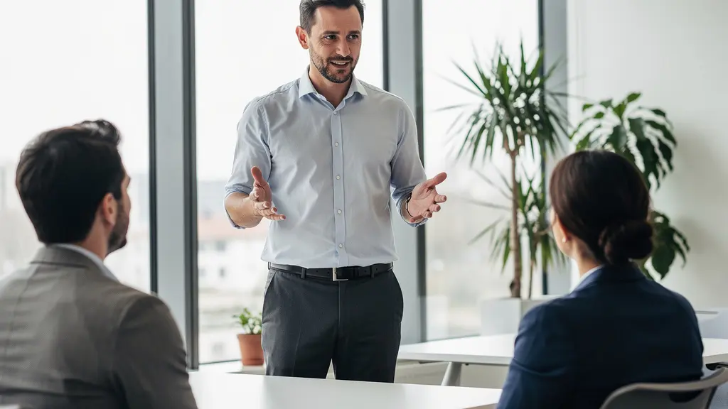 Formateur en prise de parole s'adressant à un petit groupe dans une salle de formation lumineuse